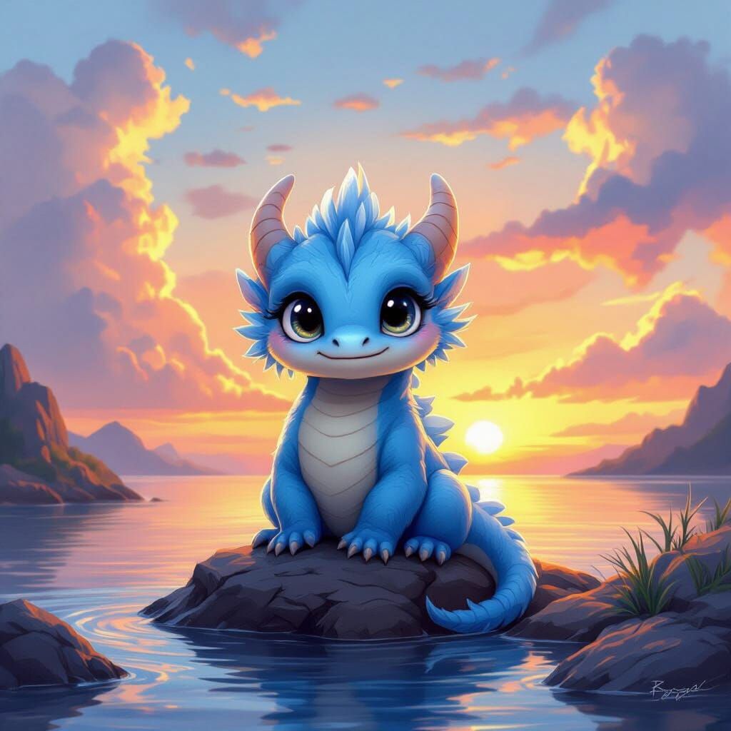 Cute Blue Baby Dragon at Sunset