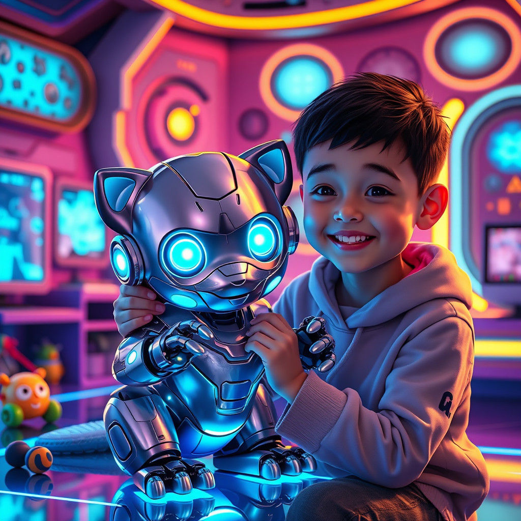 Boy and Robot Cub in Futuristic Playroom