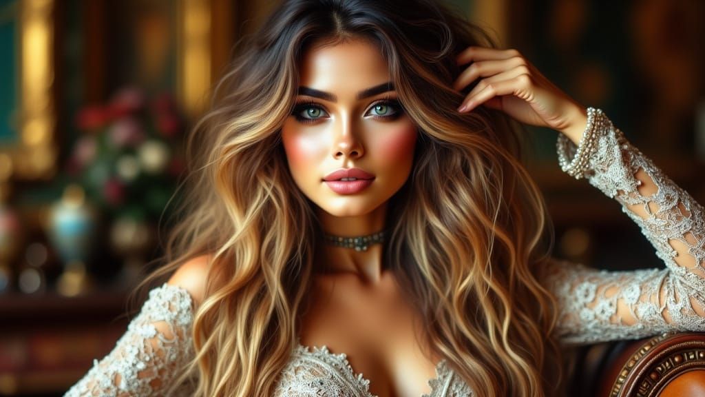 Elegant Model in Silk Gown with Satin Gloves