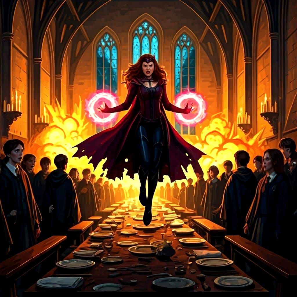 Surreal Battle Scene at Hogwarts with the Scarlet Witch