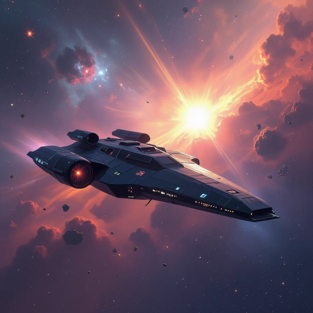 Sleek Starship Hiding Near a Nebula