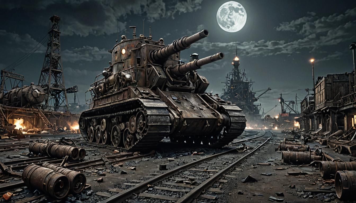 Dieselpunk Ruined Port with Warship and Machine Gun