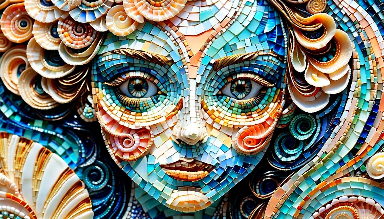 Seashell Mosaic: Portrait of a Woman in Gold and Aqua