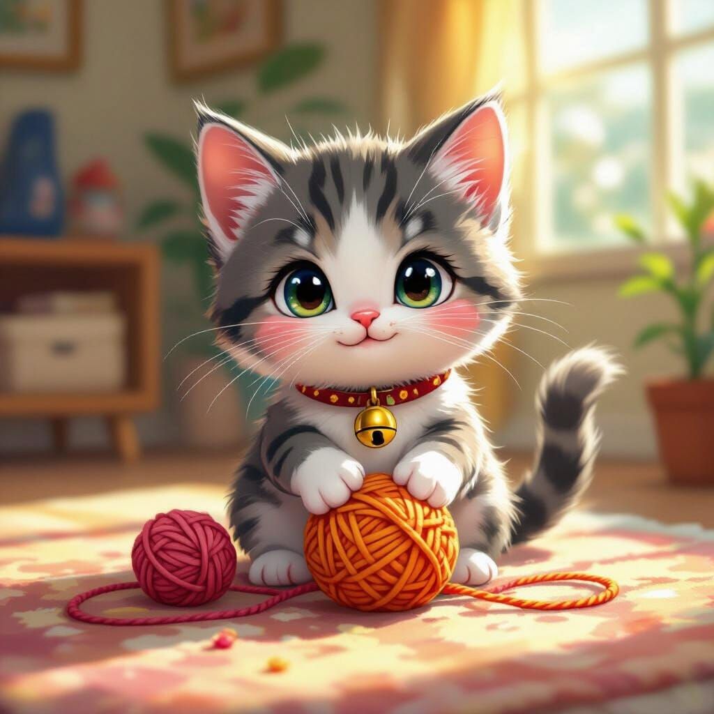 Adorable Kitten Plays in Murakami-Inspired Living Room