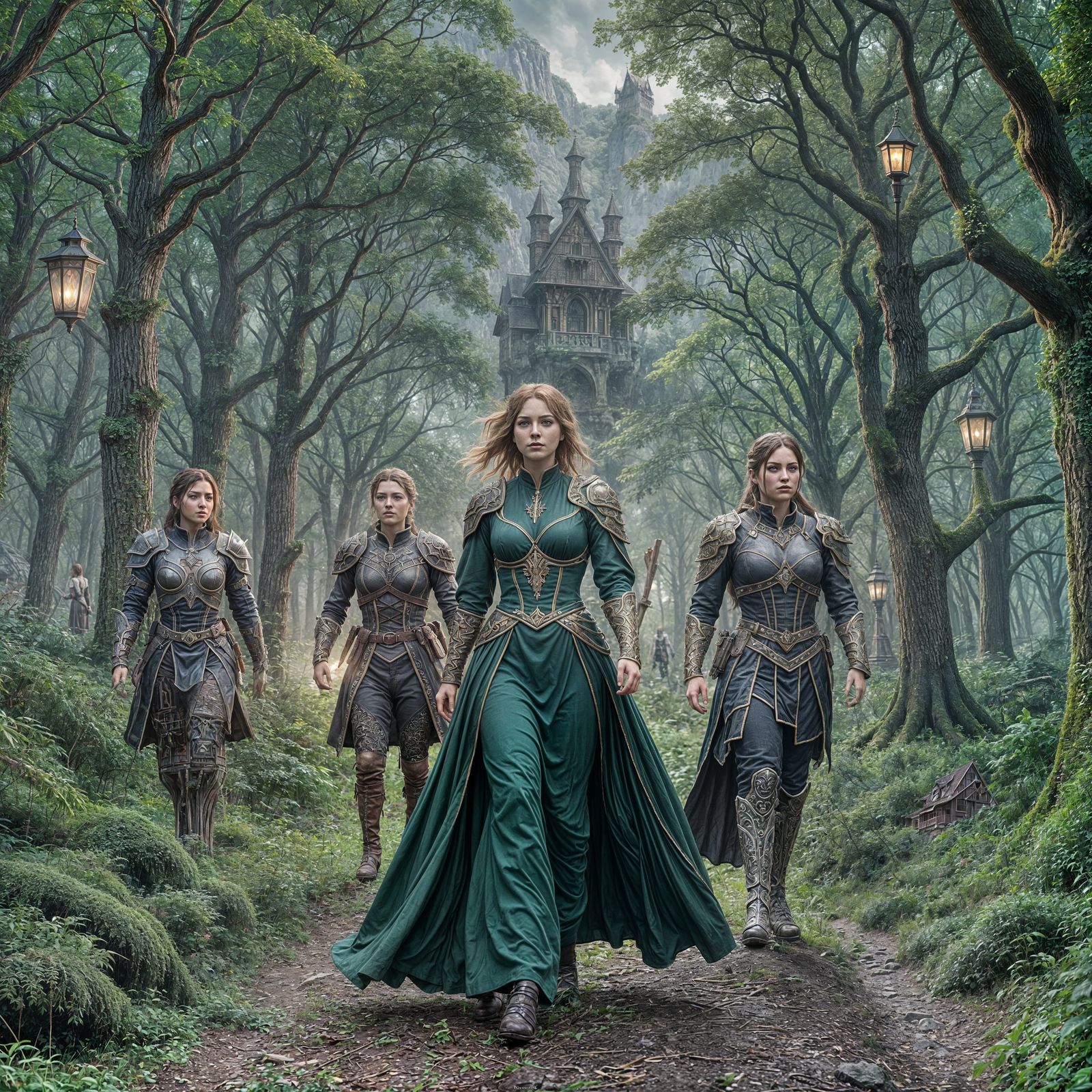 Bodyguards Escorting Redhead Witch Home Through Forest