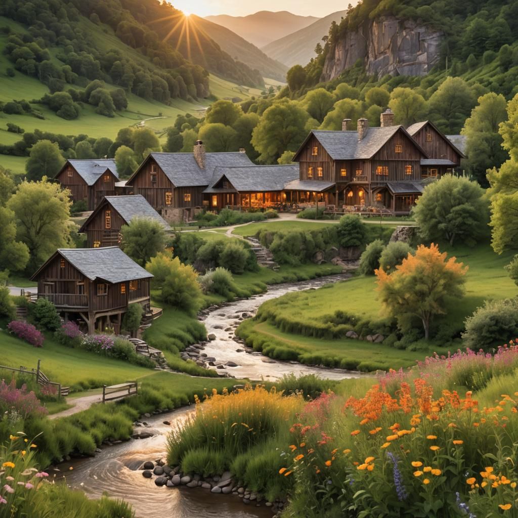 Valley Inn at Sunset in Digital Painting Style