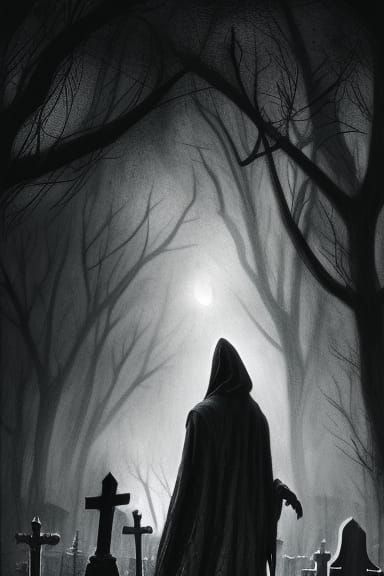 Grim Reaper Portrait in Graveyard, Dark Fantasy Art