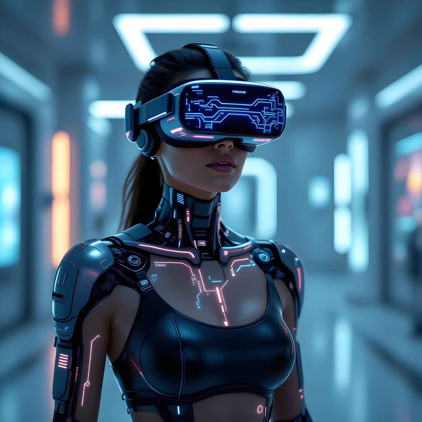 Futuristic Human with Neural Circuits and VR Glasses