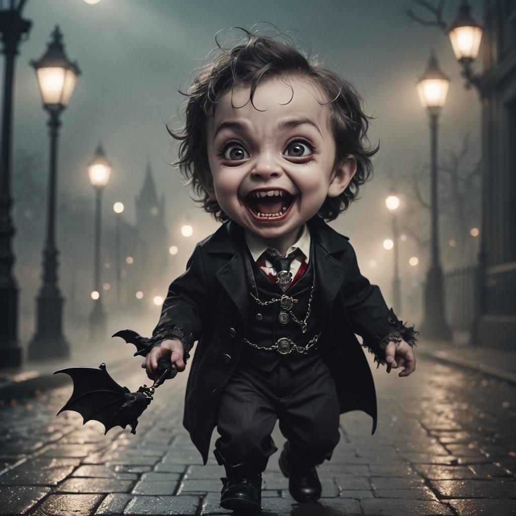 Chibi Vampire Child in Misty London Street