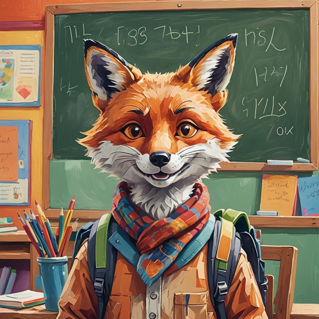 Friendly Fox Mascot in Classroom, Whimsical Illustration
