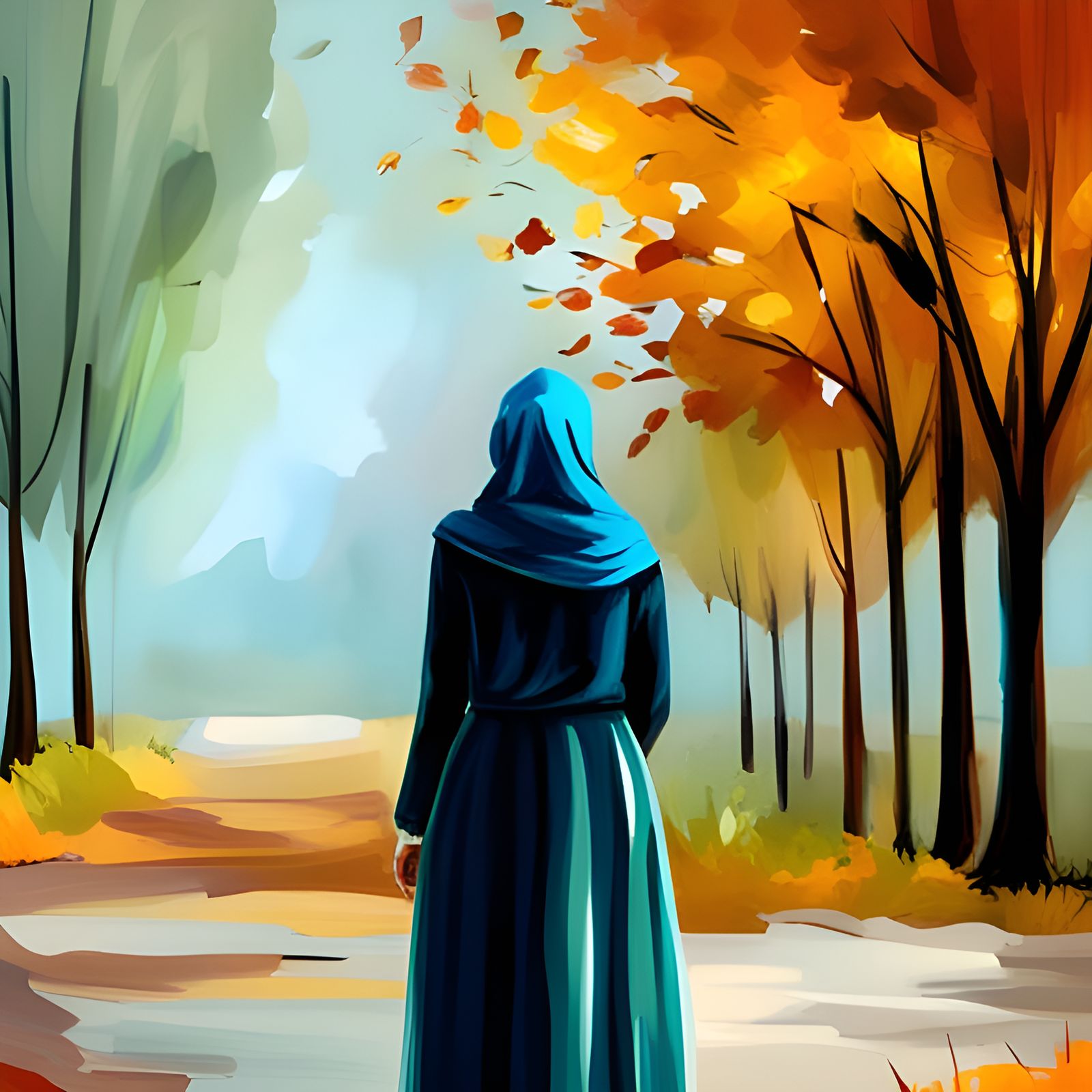Hijabi Woman in Autumn Landscape Painting