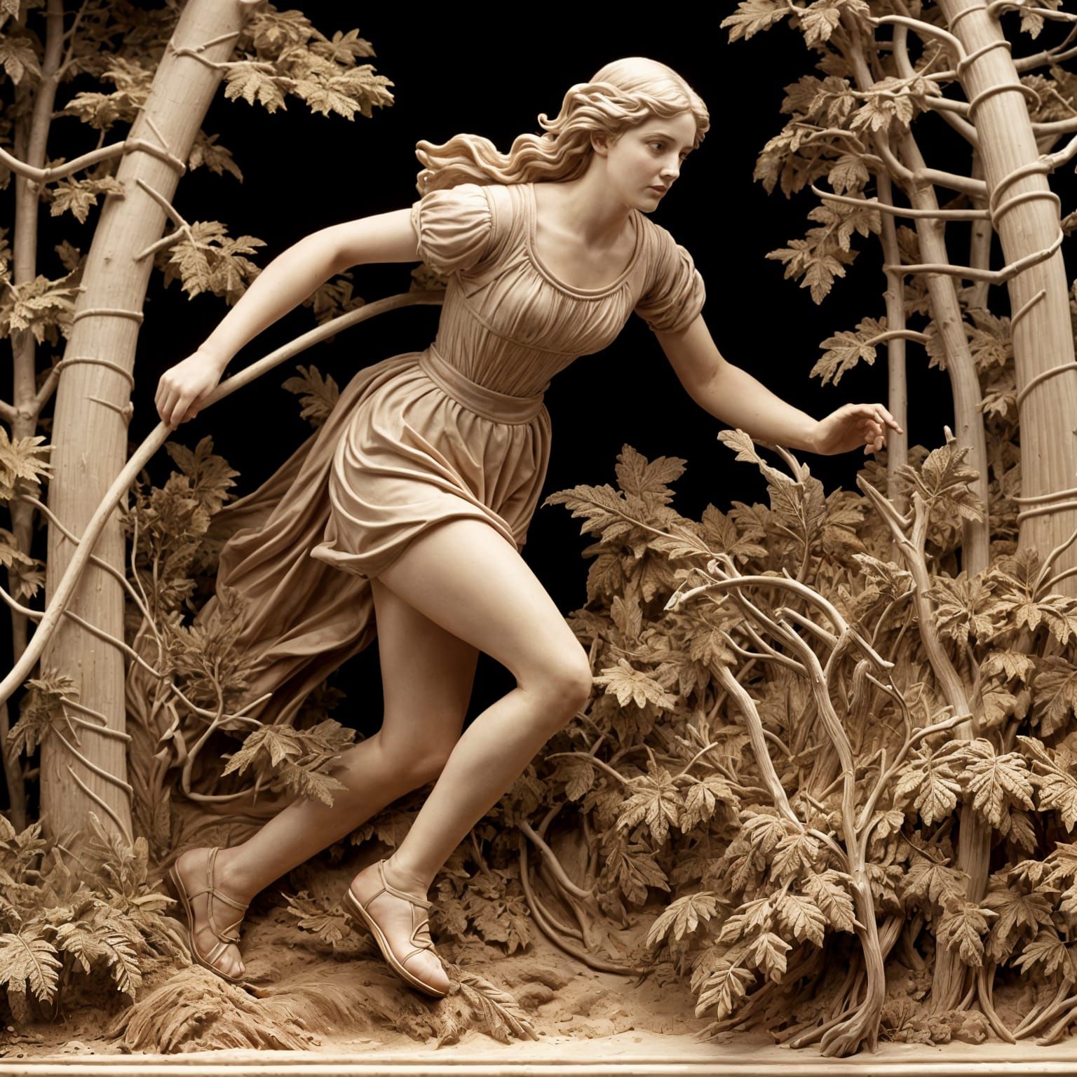 Diana Races Through Forest in Whittled Style