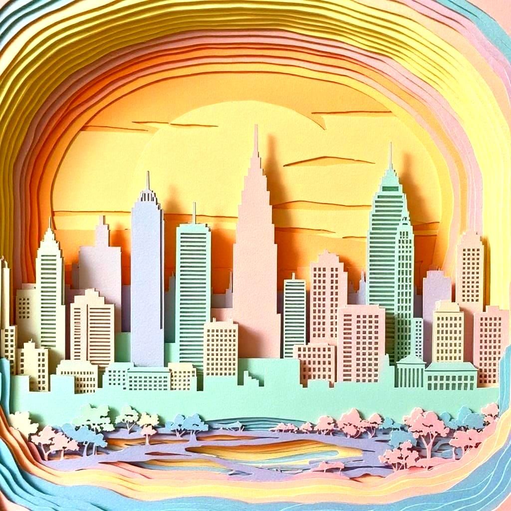 Cityscape at Sunset in Layered Paper Art Style