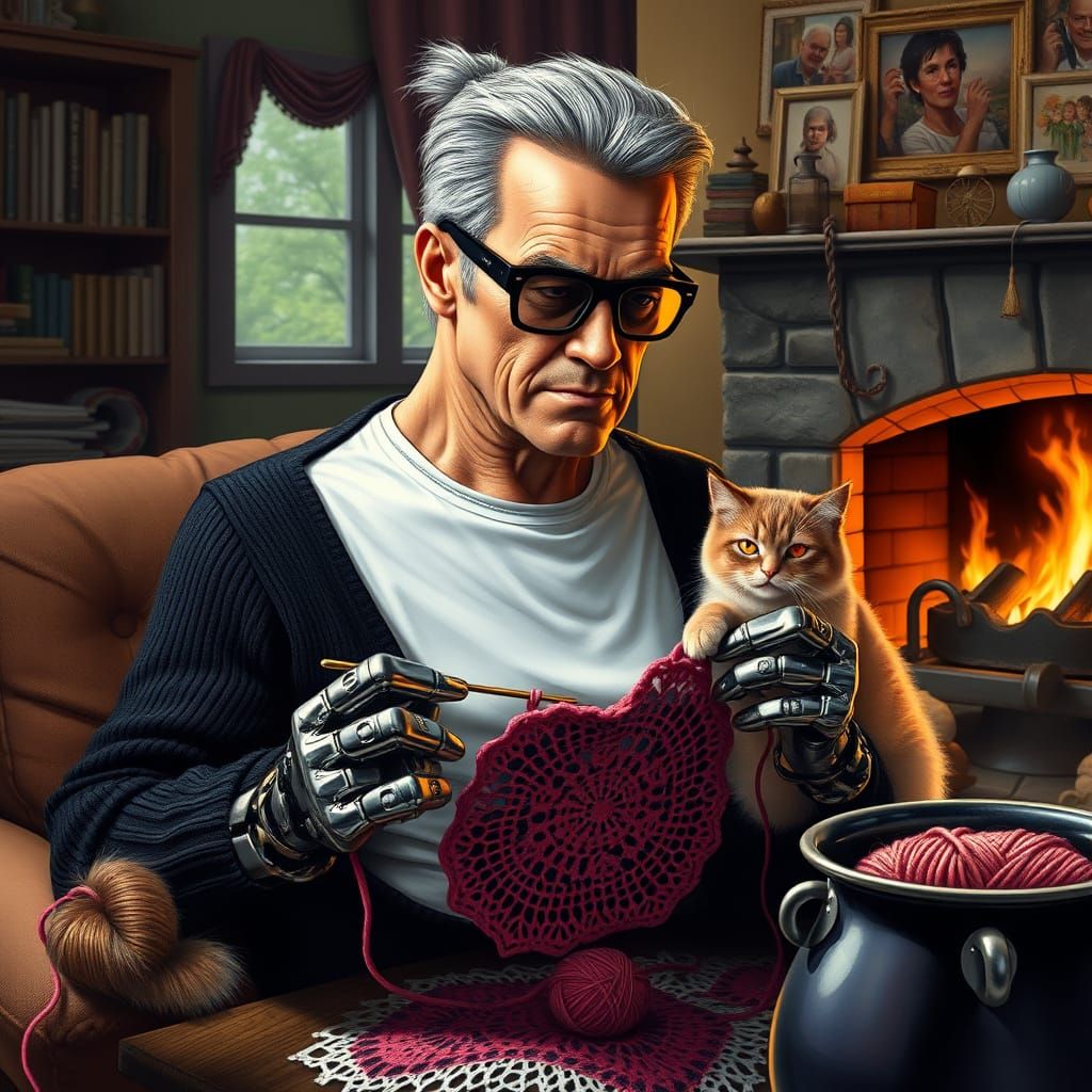 The Terminator's Cozy Crochet Session in a Hyperrealistic Ma...