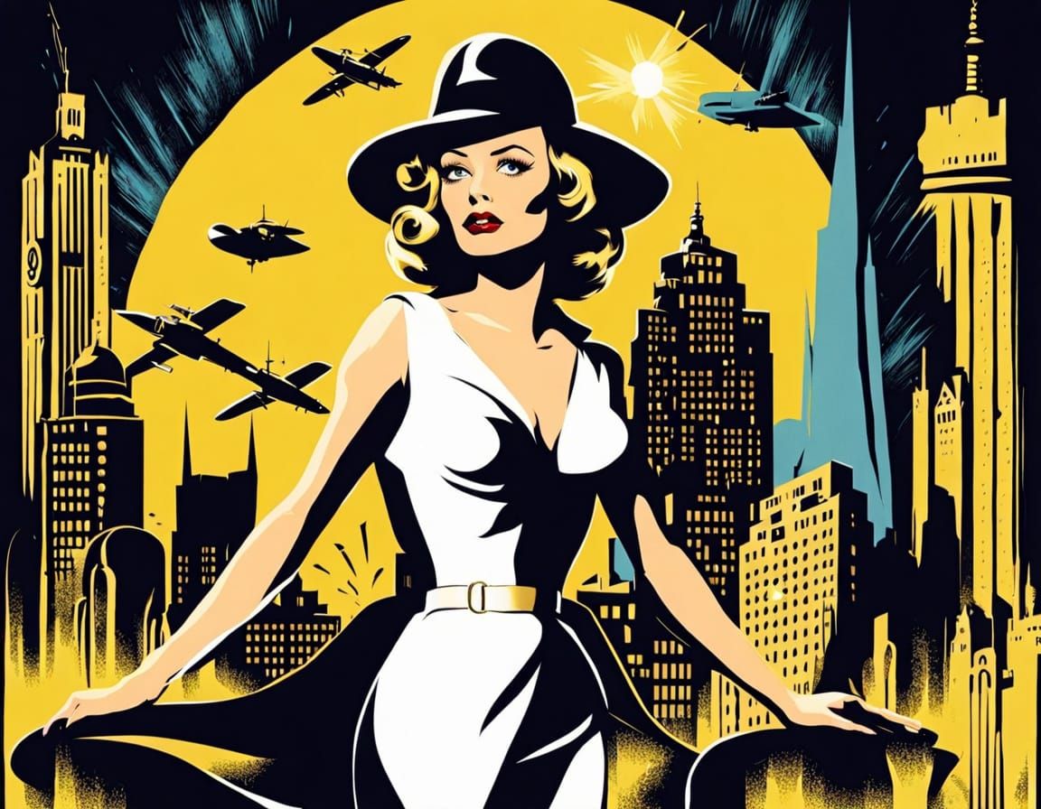 Noir City Dreamscape: Whimsical Damsel in a Retro Metropolis