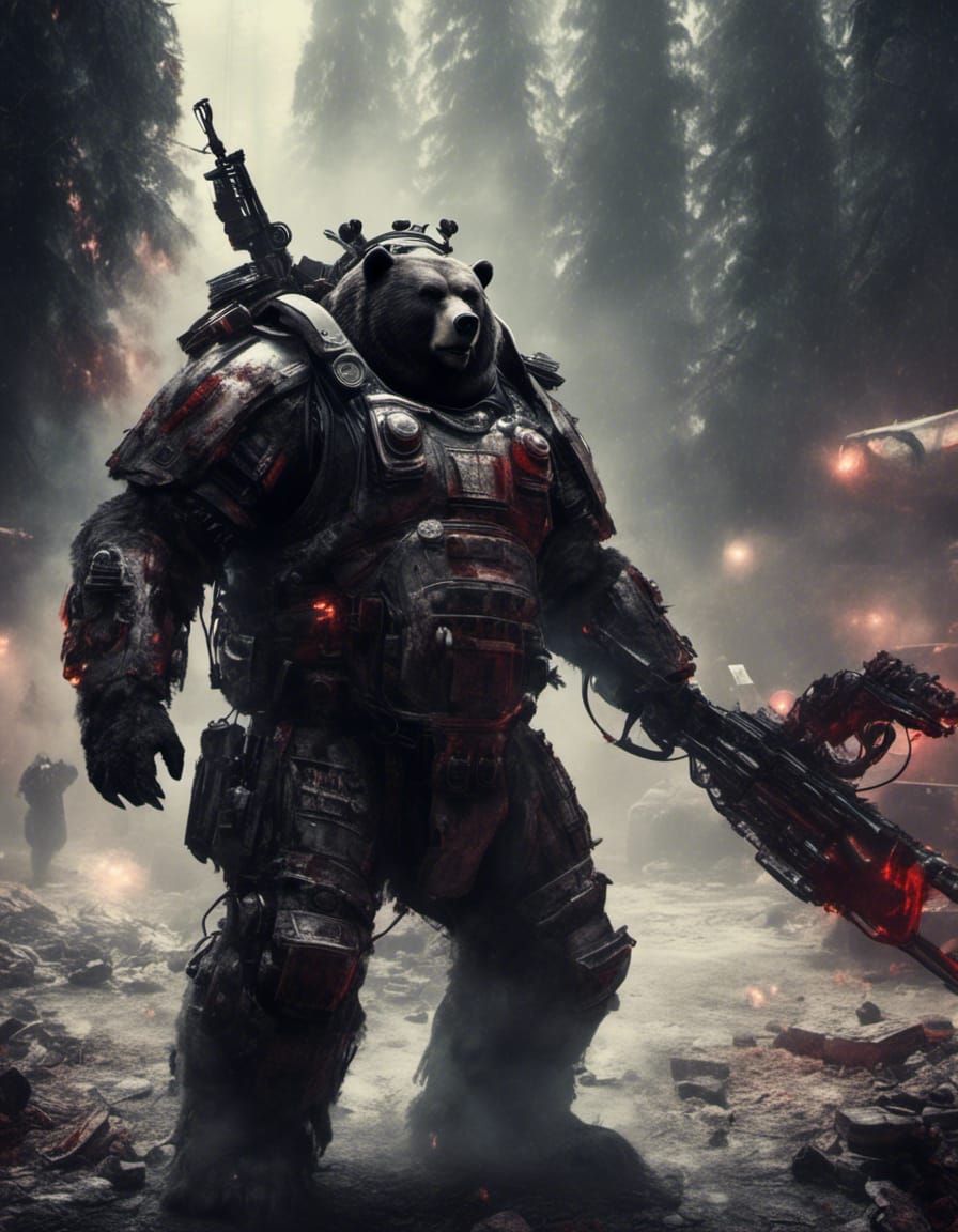 Creepy Zombie Bear Robot Portrait in Macabre Style