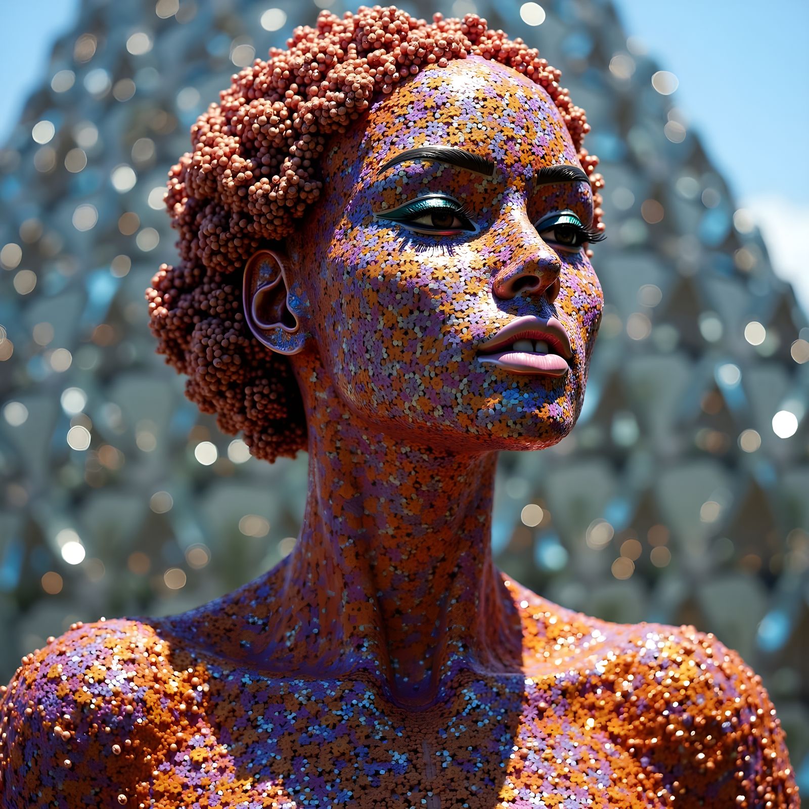 Chrome Woman Portrait with Gleaming Triangle Background