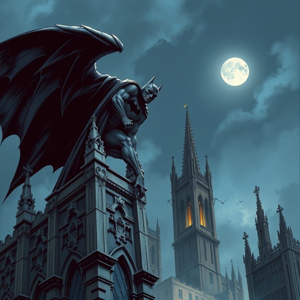 Imagine Batman as a brooding gargoyle perched atop Gotham Cathedral, the full moon casting long shadows across his caped...