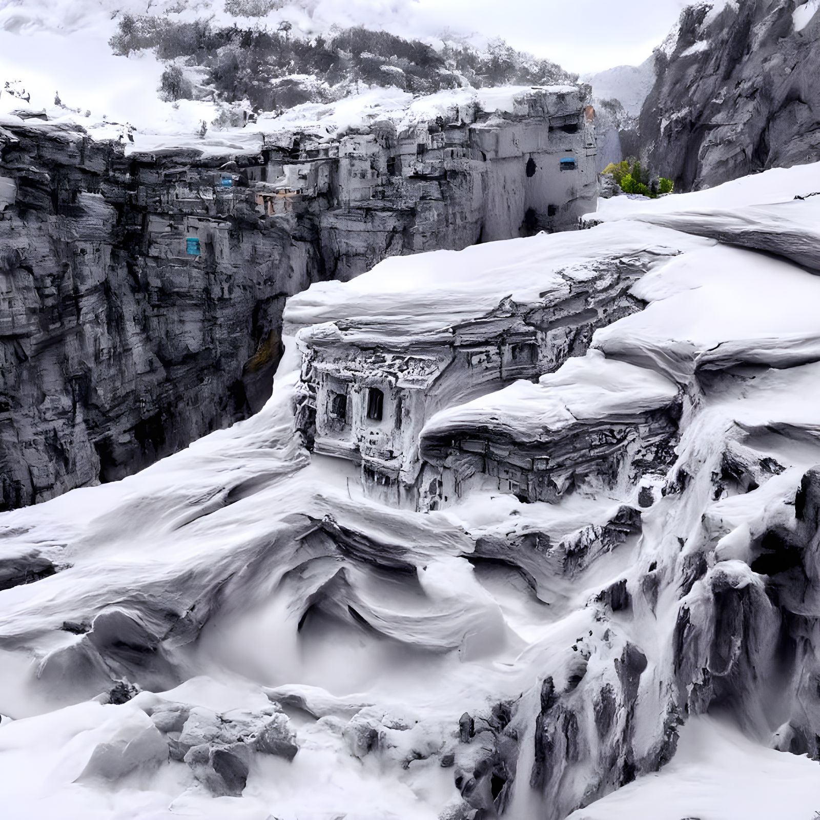 Snowy Cliffside City in Hyperrealistic Detail