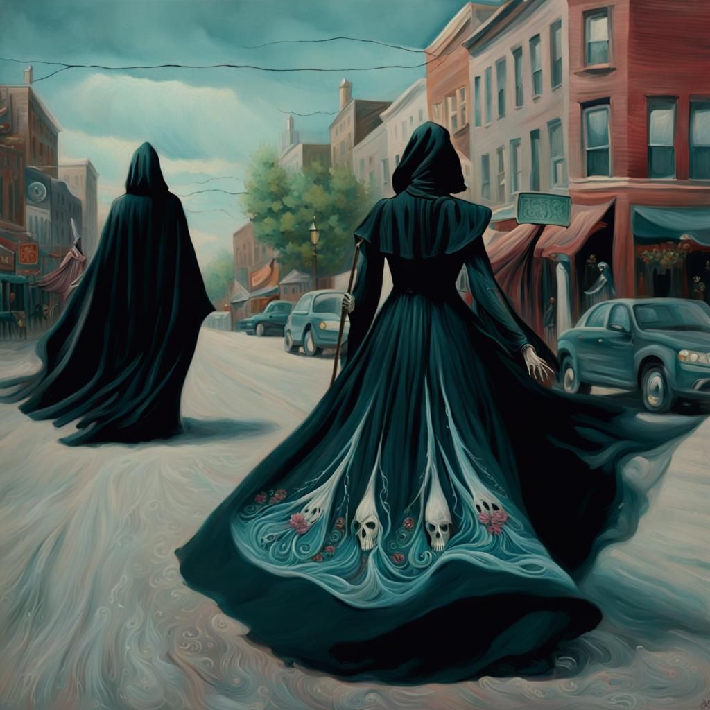 Grim Reaper Follows Woman: Whimsical Folk Art