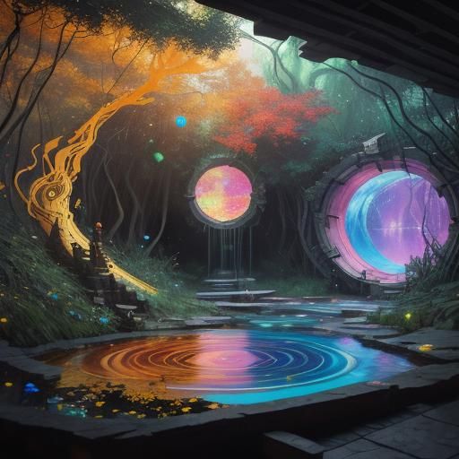 Forest Portals in Klimt-Inspired Aetherpunk Style