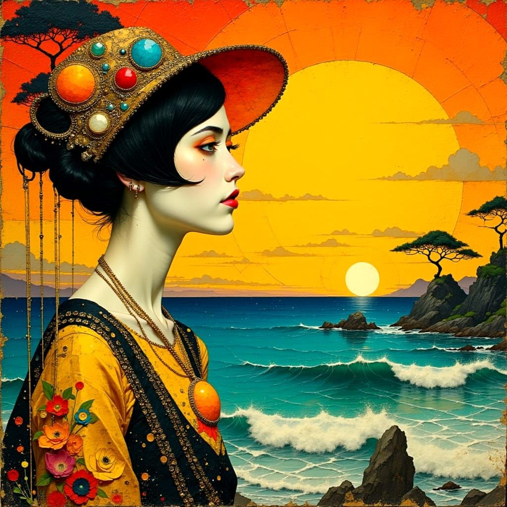 Surreal Woman in Dreamlike Seascape with Soft Art Deco Color...