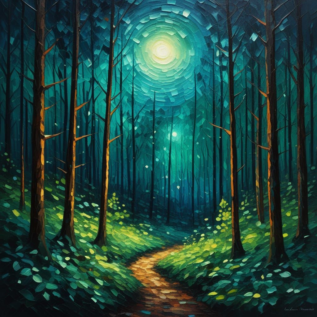 Neo-Impressionist Forest at Night Oil Painting