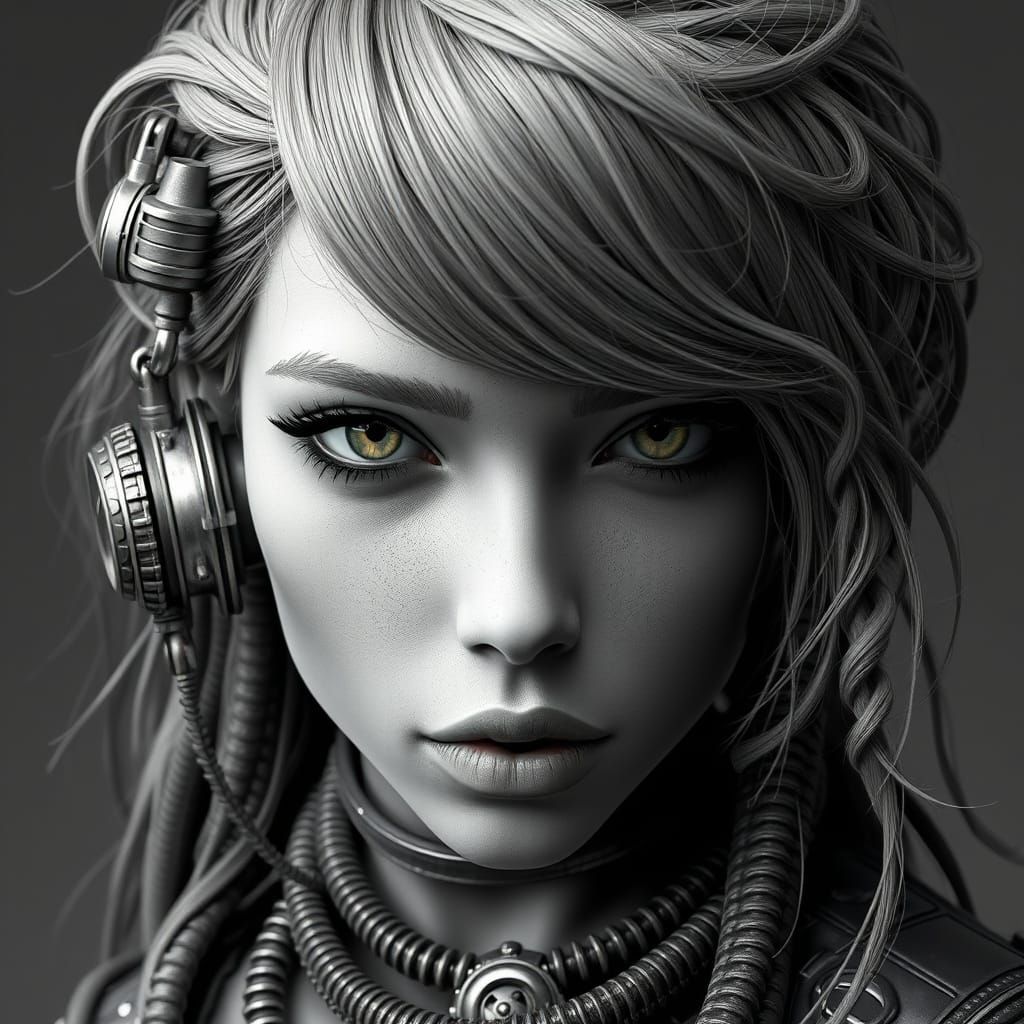 Monochromatic Steampunk Beauty in Hyperrealistic Style