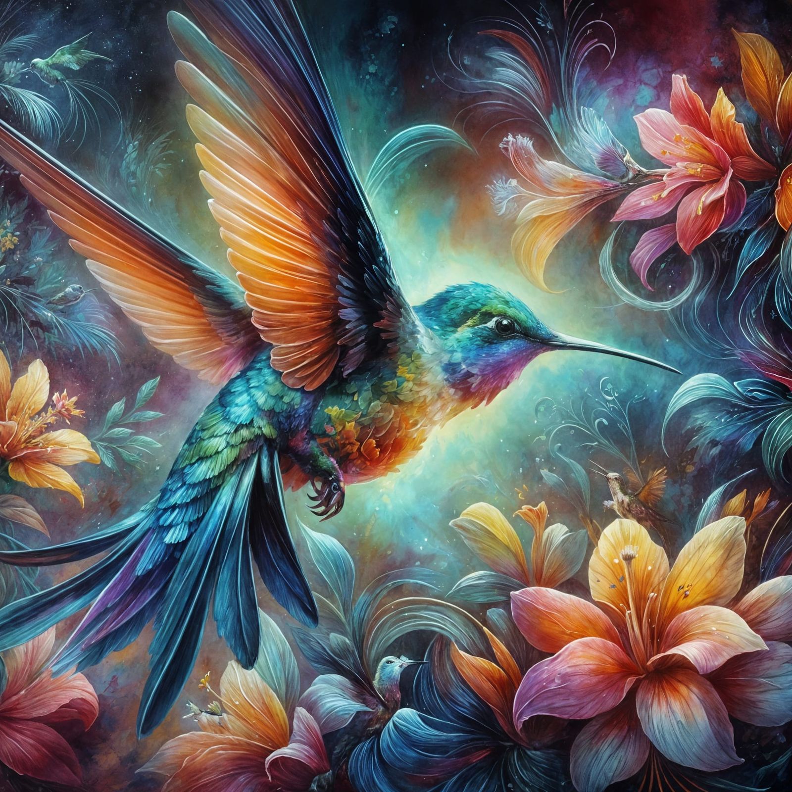 a hummingbird among flowers
