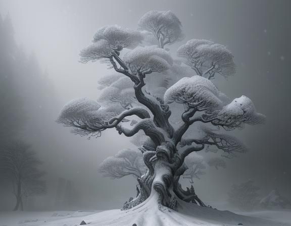 Snow-Covered Branches in Dramatic Digital Painting