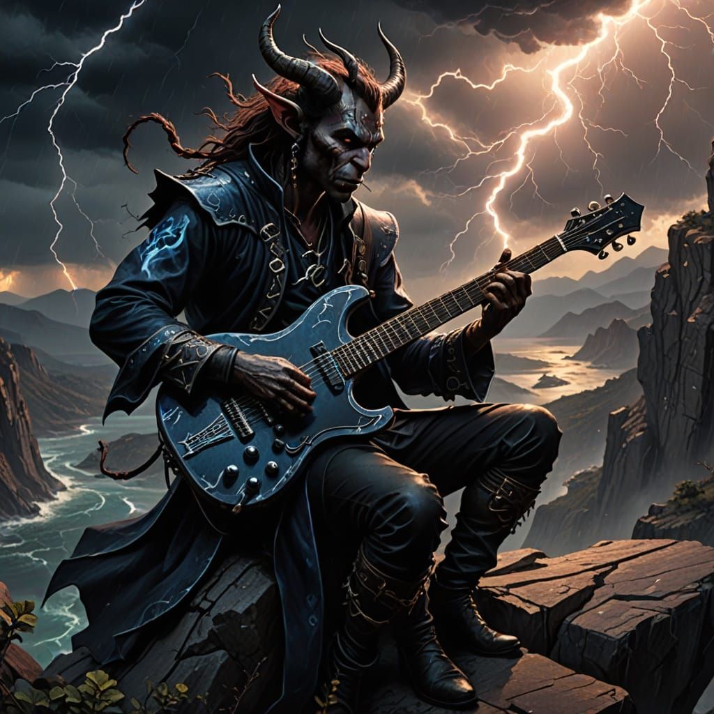Tiefling Bard Plays Guitar Amidst Lightning