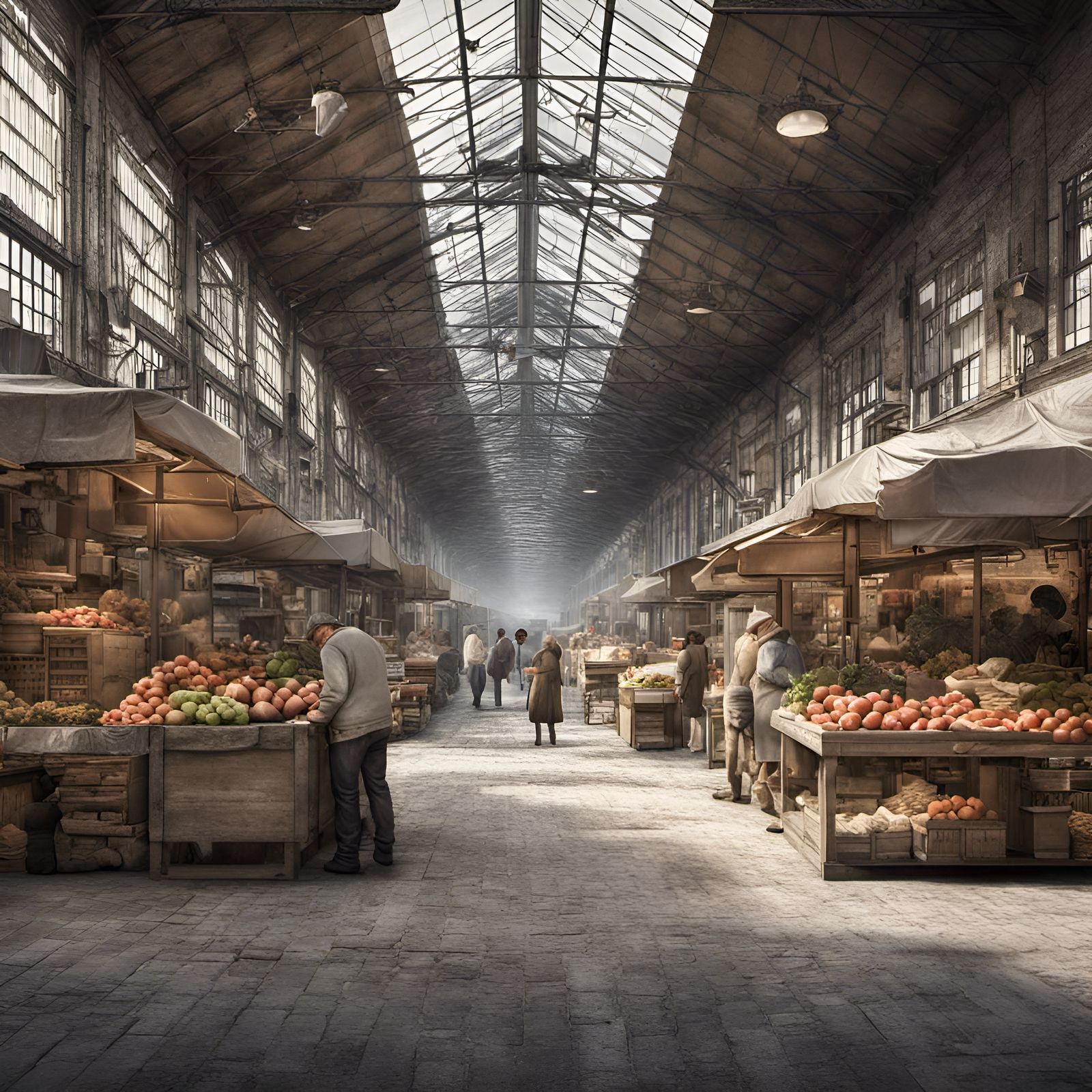 Calm Market Scene Between Modern Factories