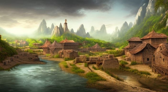 Fantasy Village with Palisade in Rocky Field