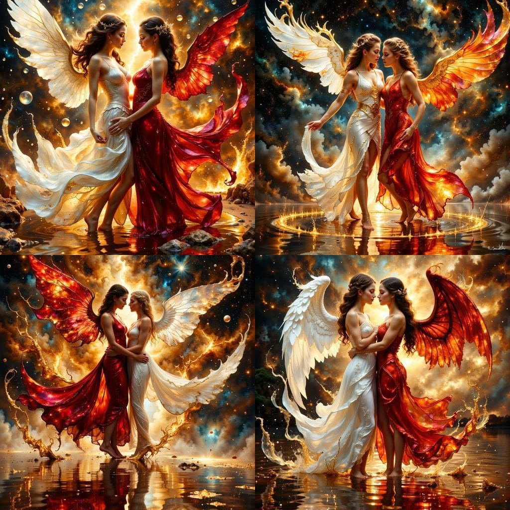 Dancing Angel and Demon in Fiery Liquid Hellscape