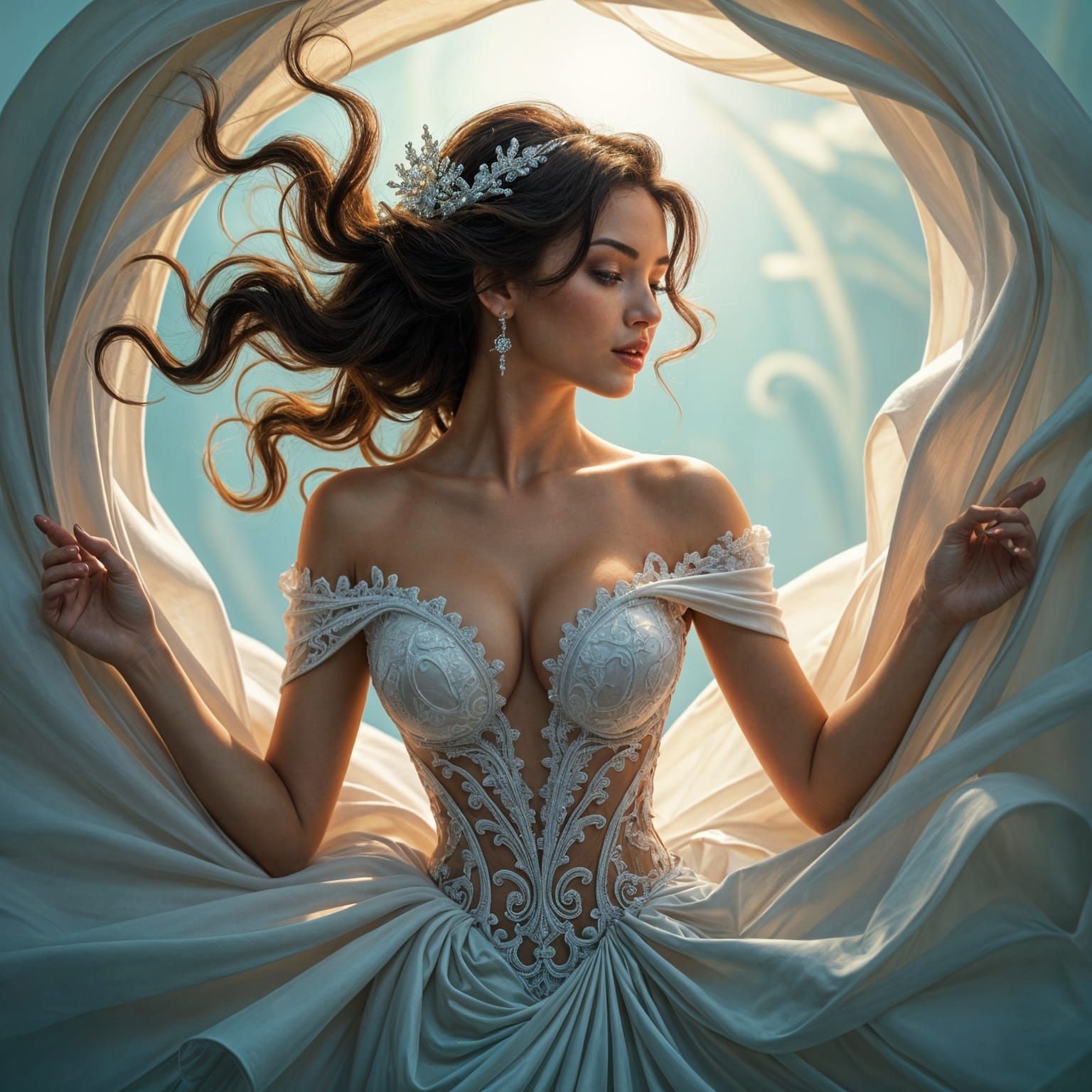 Hyperrealistic Woman in Intricate Latex Gown with Detailed L...