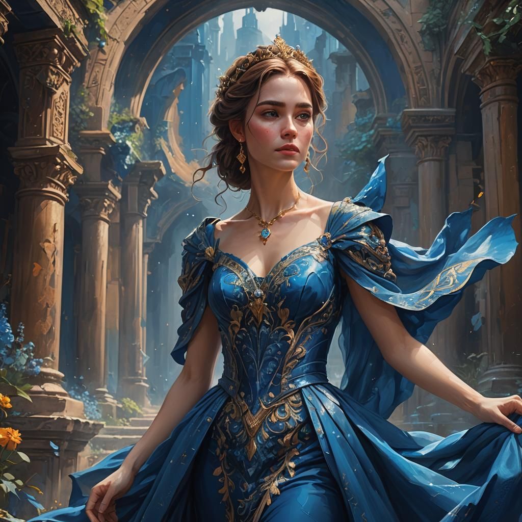 Woman in Blue Dress: Detailed Matte Painting