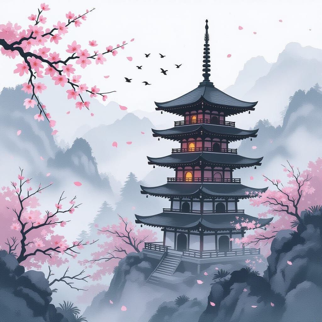 Japanese Pagoda in Foggy Valley Ink Wash Style