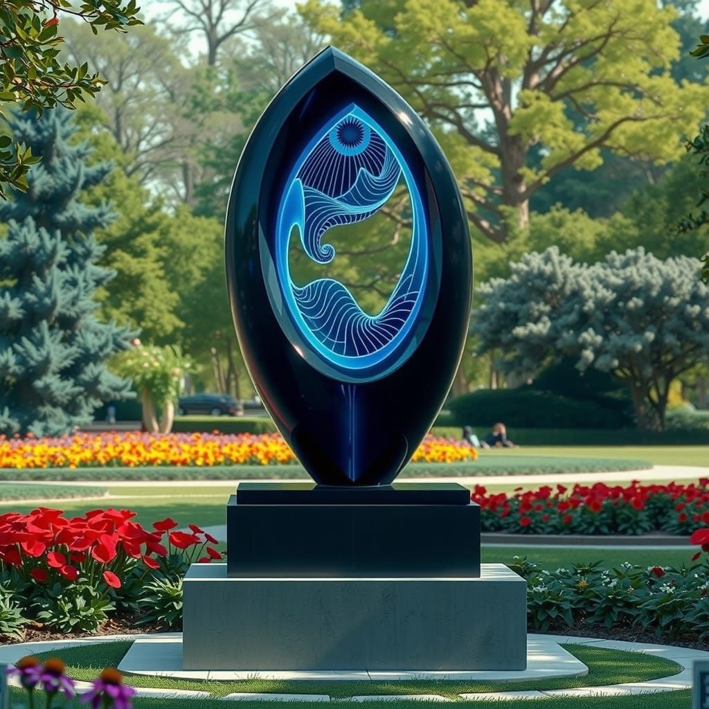 vantablack lightning blue sculpture on a plinth in a park .a...