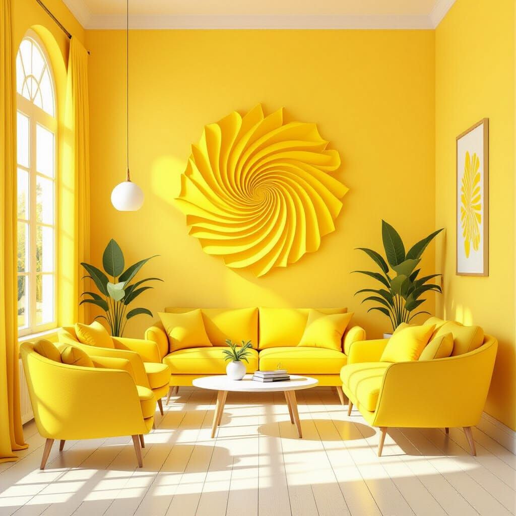 Minimalist Yellow Room with Abstract Fractal Art