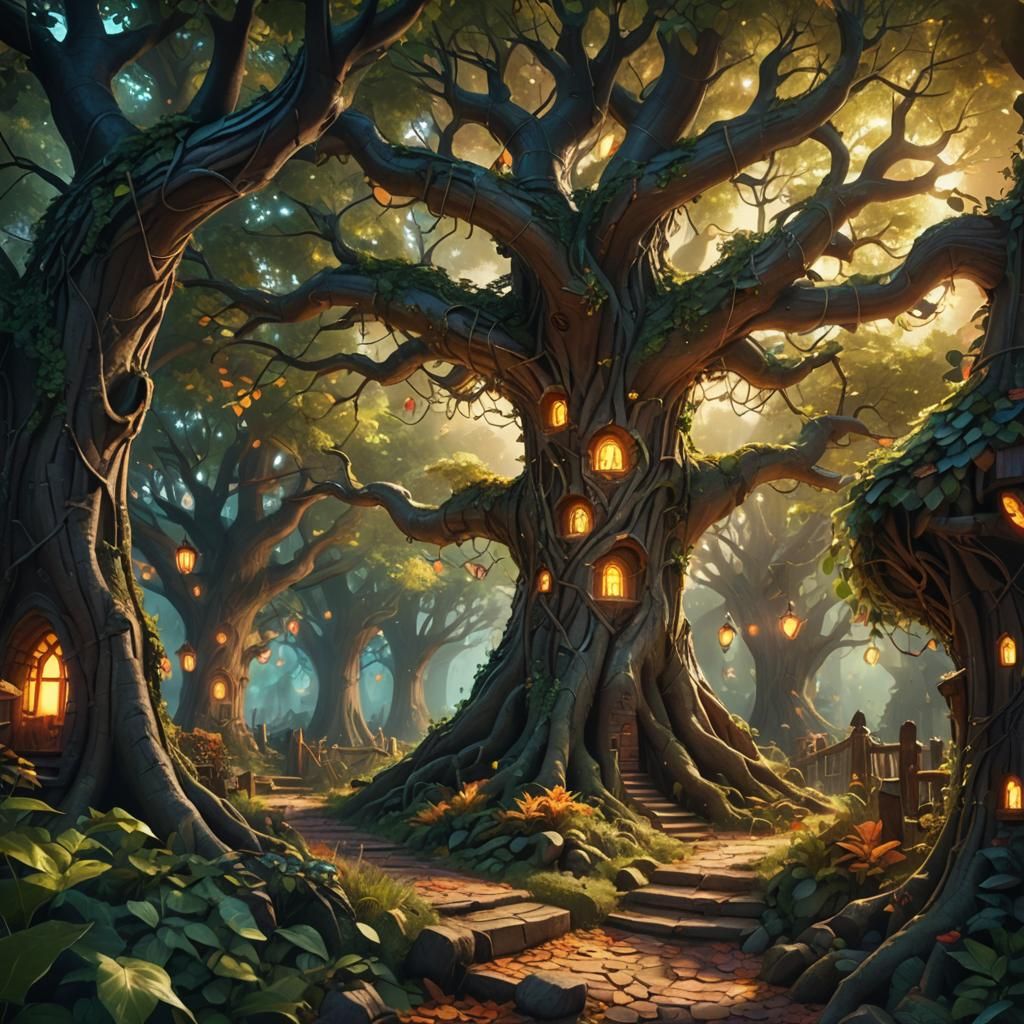 Enchanted Wood Village: Hyperrealistic Concept Art