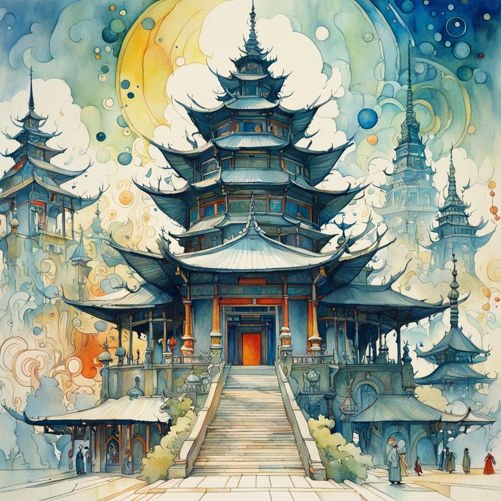 Intricate Watercolour Pagoda Temple in Serene Colours