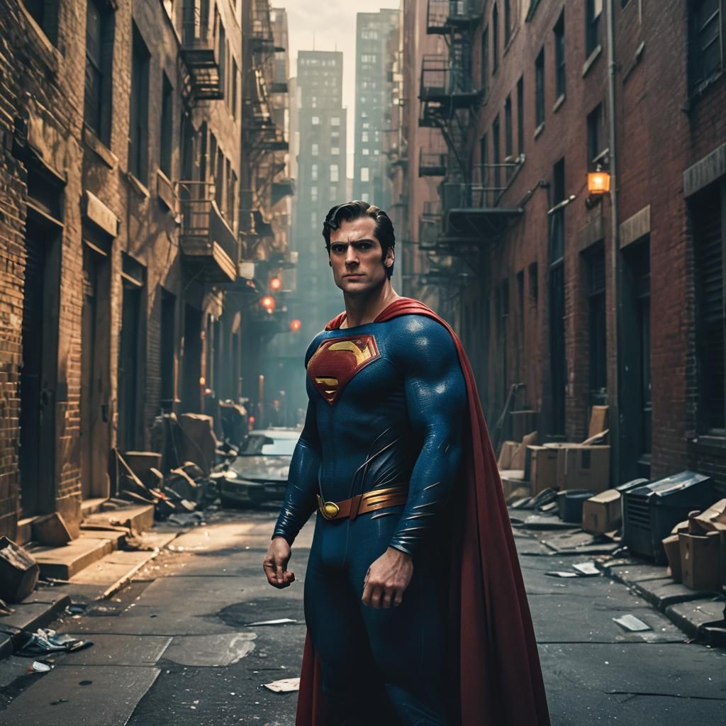 Superman in Moody City Alleyway: Cinematic Film Still