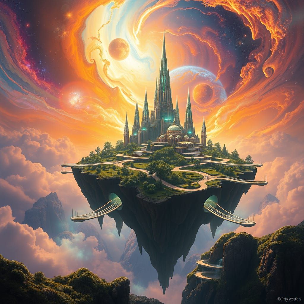 Floating Island City in a Swirling Nebula