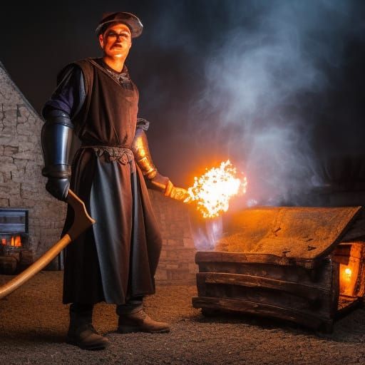 Full body portrait of grimy smoky medieval fantasy blacksmith swinging a hammer, medieval blacksmith in medieval blacksm...