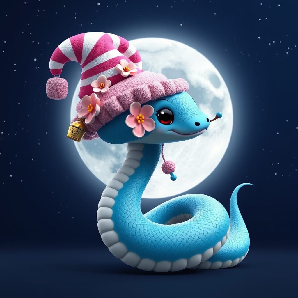 Cute Blue Snake Under Glowing Moonlit Sky