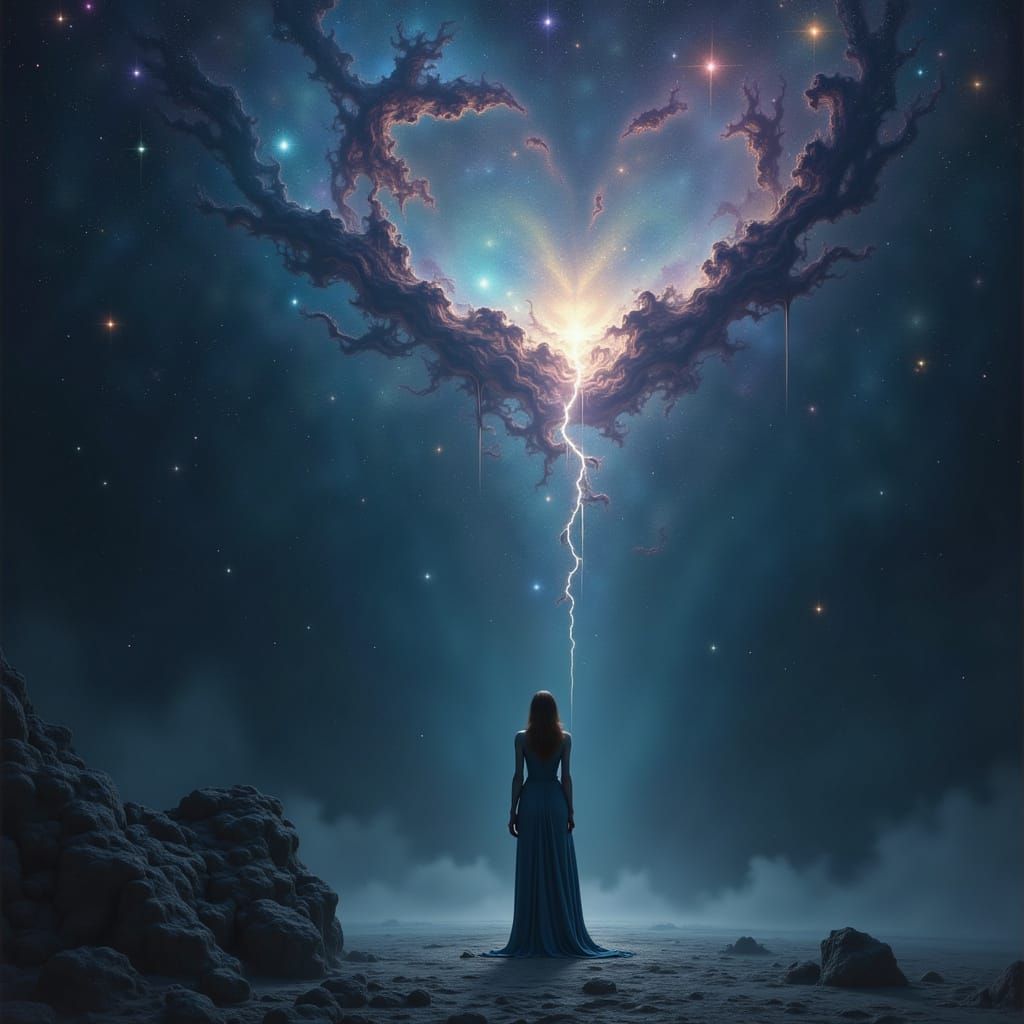 Lone Figure Weeping Under Starry Nebula