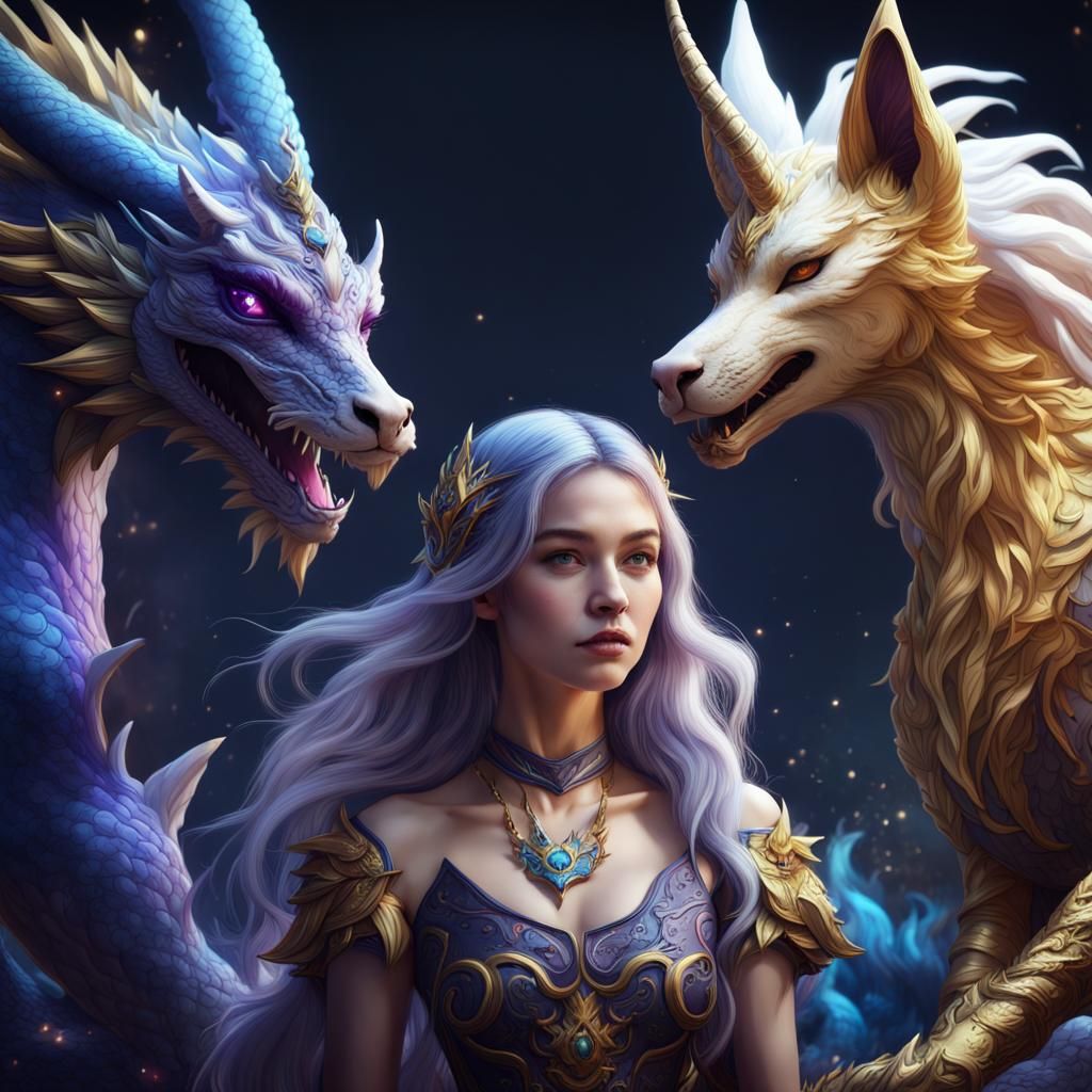 Girl Surrounded by Mythical Creatures in Fantasy Art