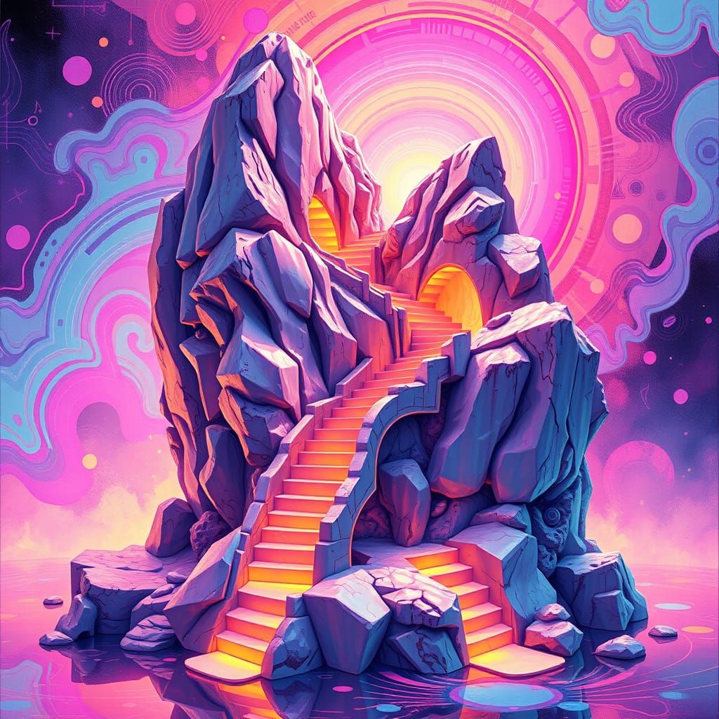 Surreal Rock Sculpture in Vibrant, Glowing Colors