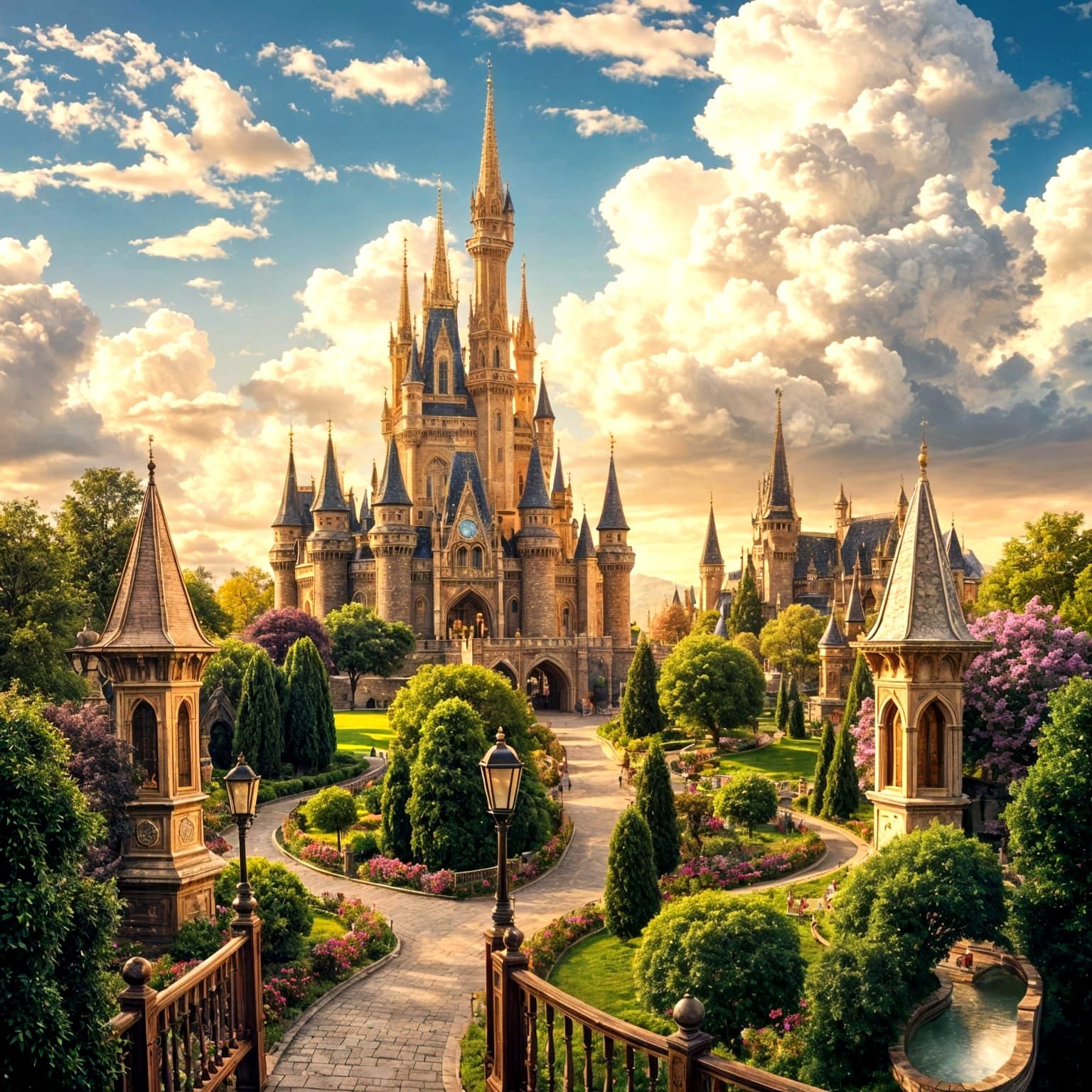 Whimsical Fairy Tale Landscape in Vibrant Watercolor Style