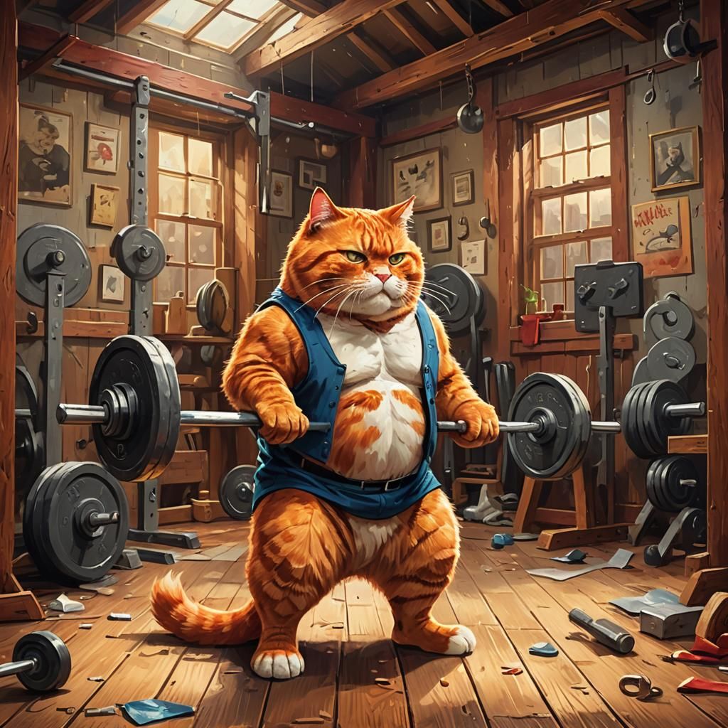 Sad Cat's Weightlifting: A Digital Oil Painting